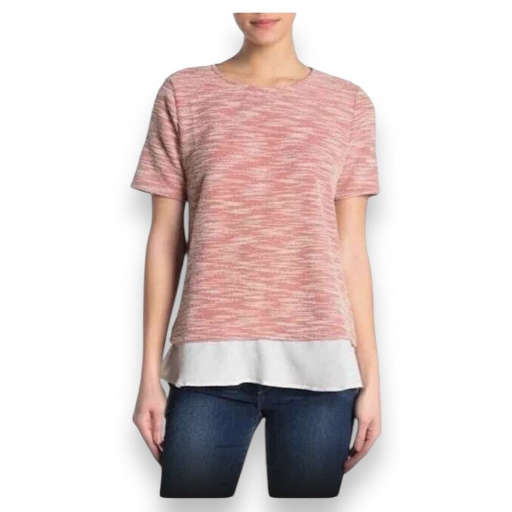 Emilia Tweed Chiffon Short Sleeve Loose-Fit‎ Blouse Women's M Rust Orange White